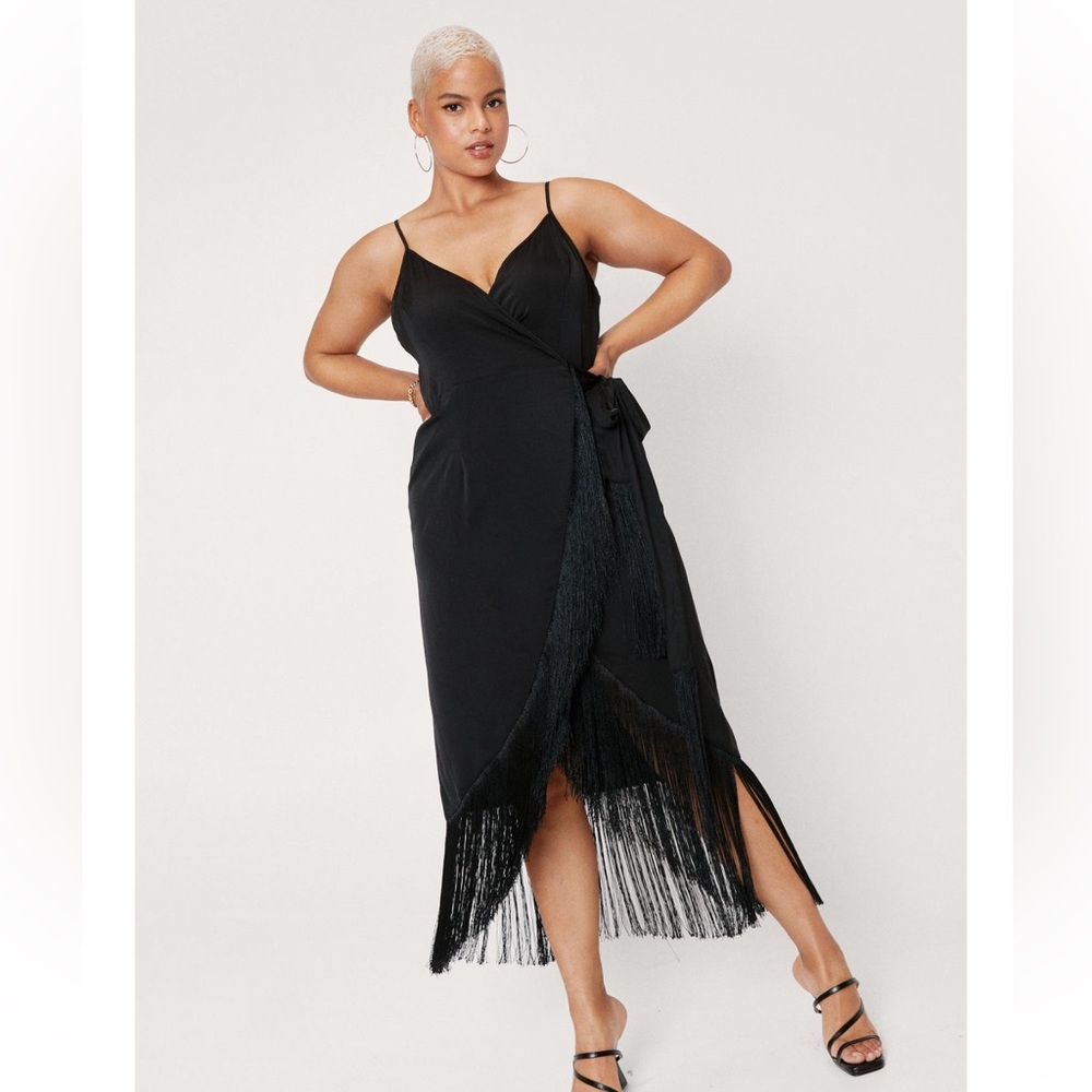 Fringe Trim Satin Wrap Midi Dress